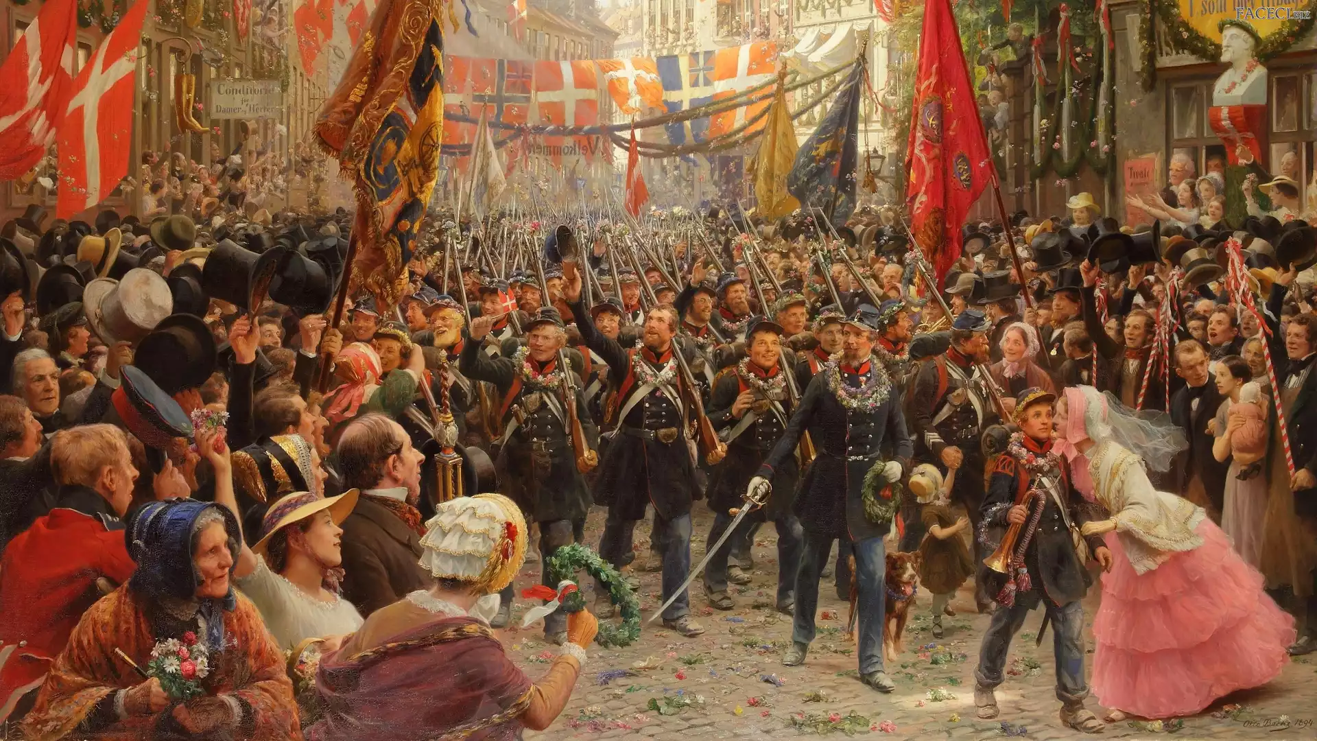 Flagi, Otto Bache, Malarstwo, Ludzie, Powitanie, Obraz, Żołnierze